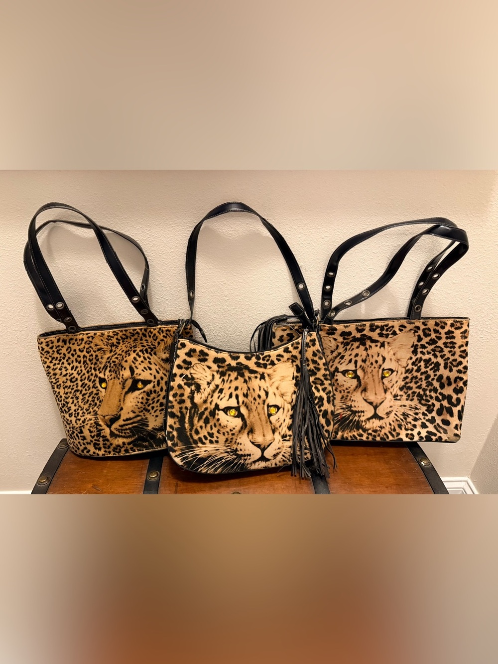 Group of Leopard Print Shoulder Bags with Black Trim